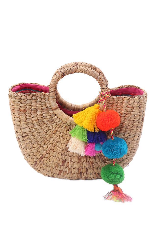 Straw Purse Crossbody Bag and Pompoms Tassel Wicker Bag 