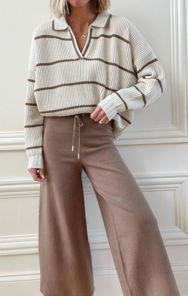 Hazelnut Stripe Polo Sweater