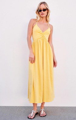 yellow tie back midi dress