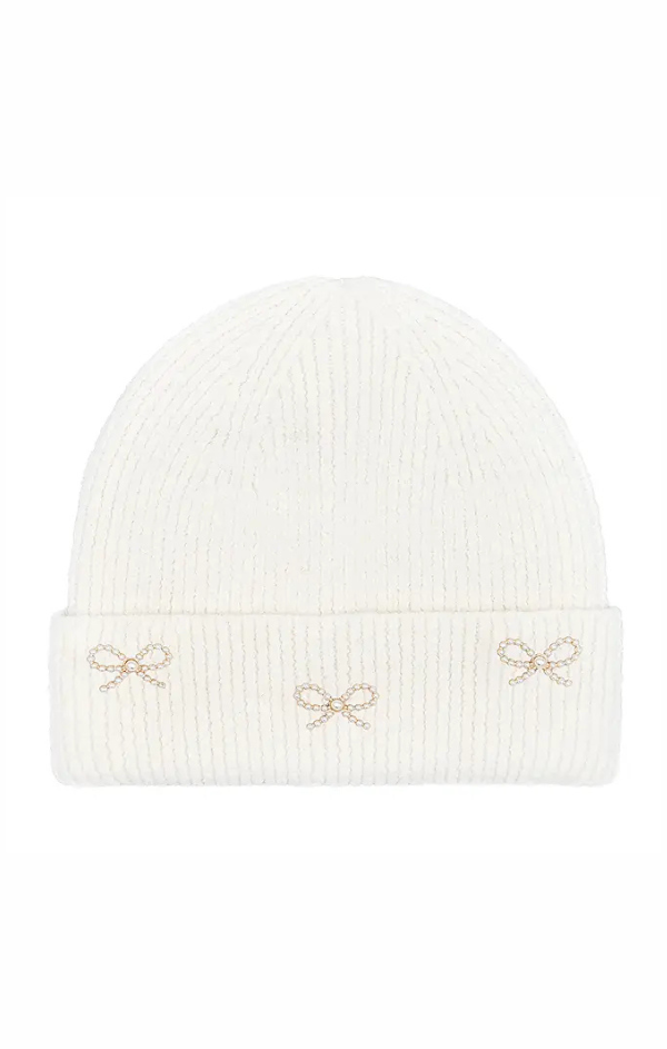 Pearl Bow Charm Cuffed Beanie