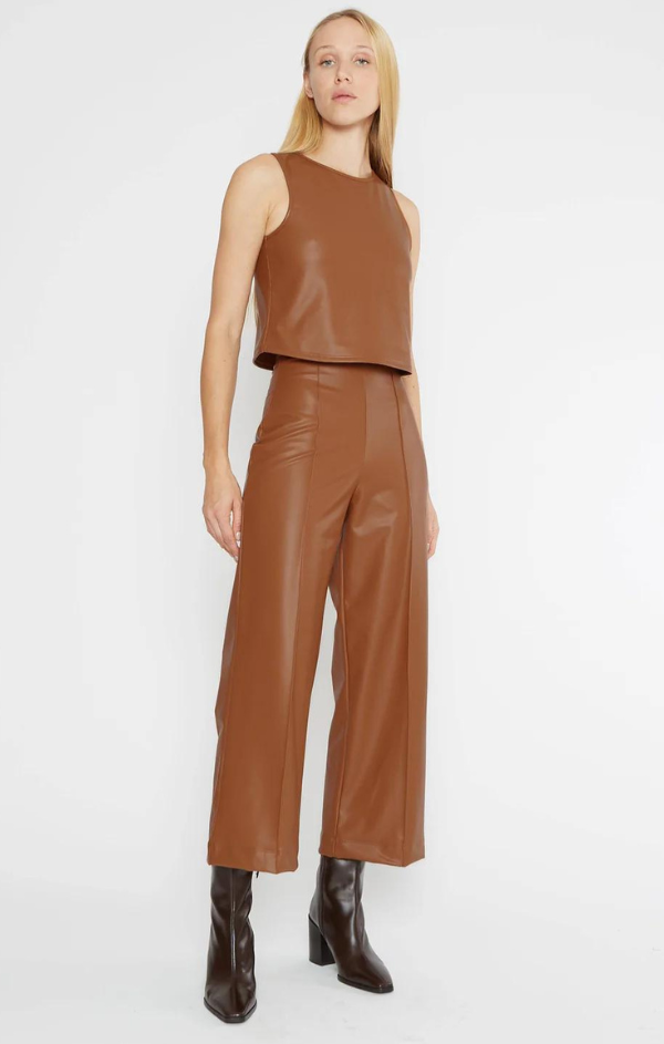 Vegan Leather Straight Leg Cropped Pant in Camel