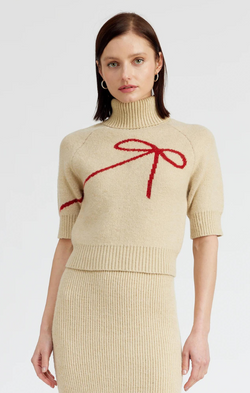 Bow Motif Fitted Turtleneck Sweater