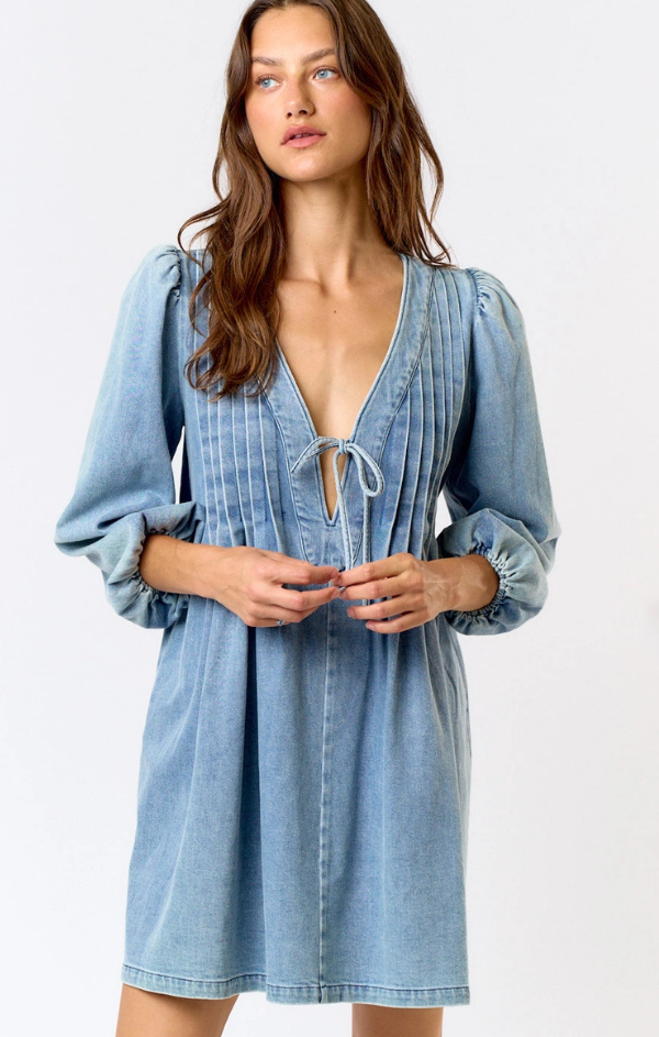 Long Sleeve Tie Front Denim Mini Dress