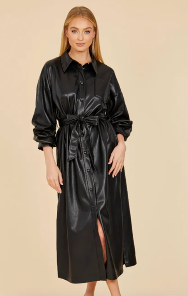 vegan leather black trench dress