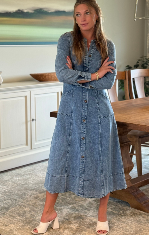 blue denim midi dress
