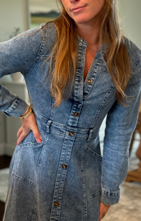 button up denim midi dress