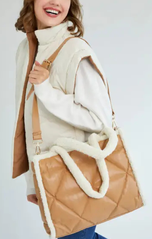 quilted sherpa winter handbag