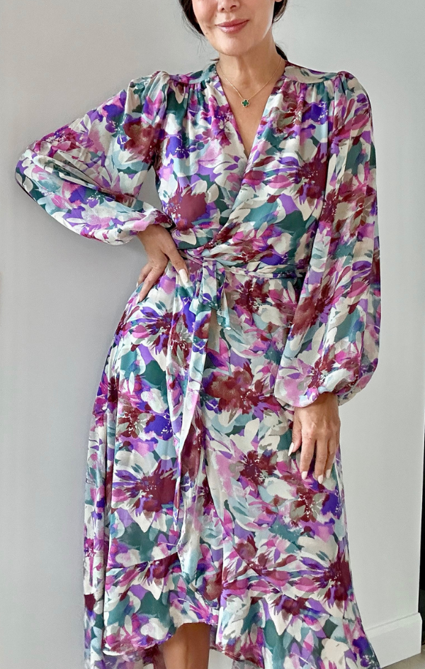 printed floral wrap long sleeve dress