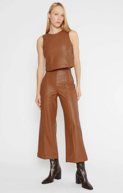 Vegan Leather Straight Leg Cropped Pant in Camel