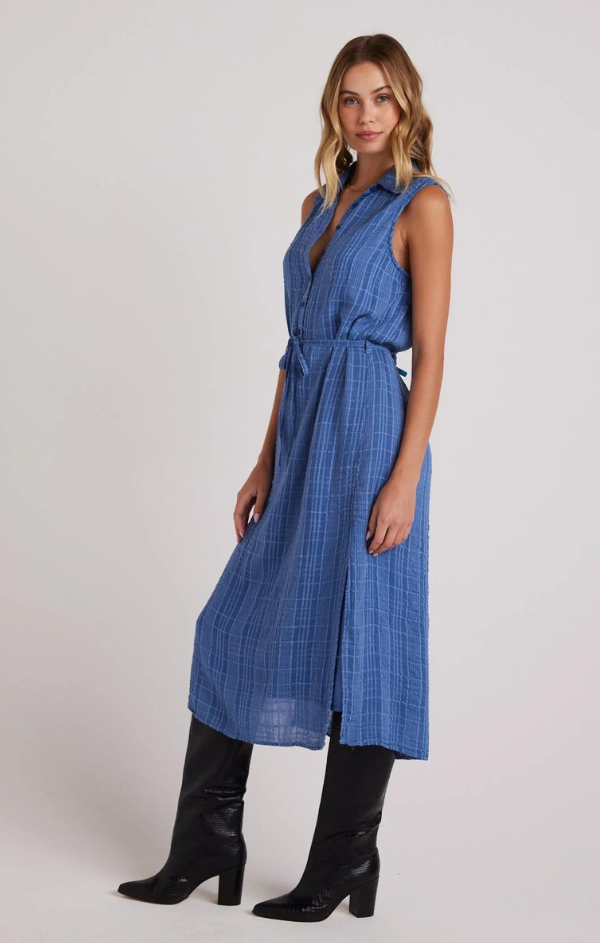 blue tie waist midi dress