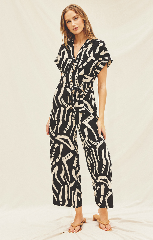 black cream printed resort jumpsuit