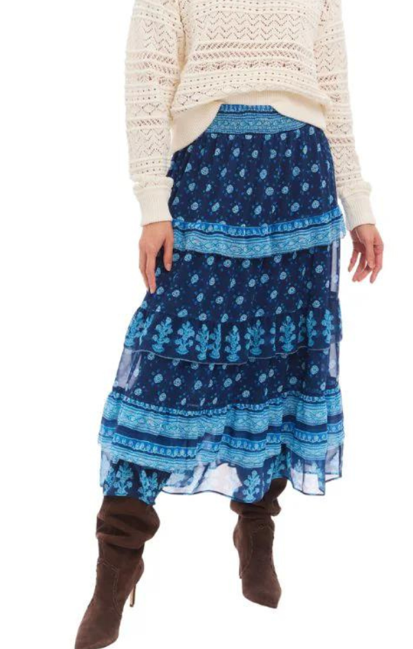 blue printed tiered midi skirt
