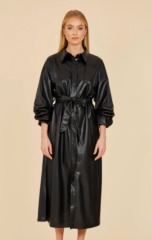 Vegan Leather Ruched Sleeve Maxi