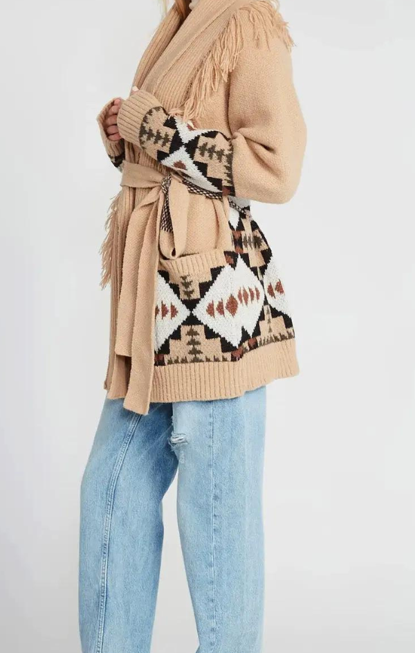 Fringed Aztec Chunky Knit Cardigan