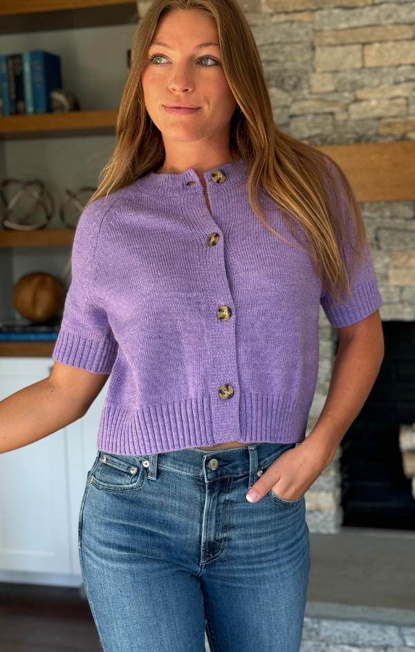 Purple short sleeve cardigan deals