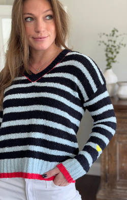 Heart Embroidery Striped V Neck Sweater