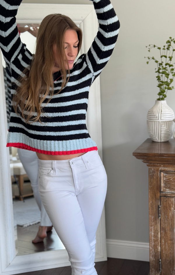 Heart Embroidery Striped V Neck Sweater