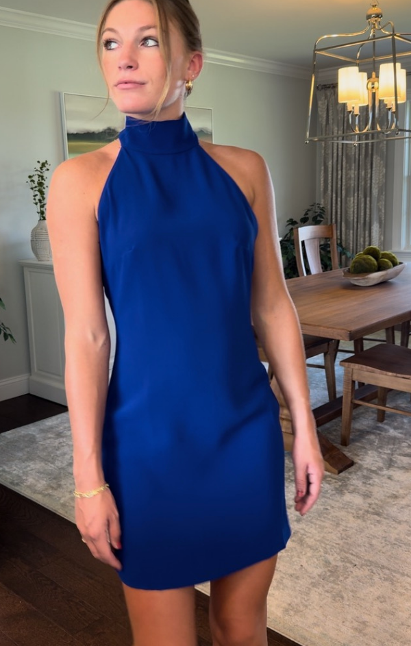 open back blue mini dress