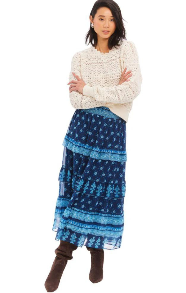 blue printed midi skirt