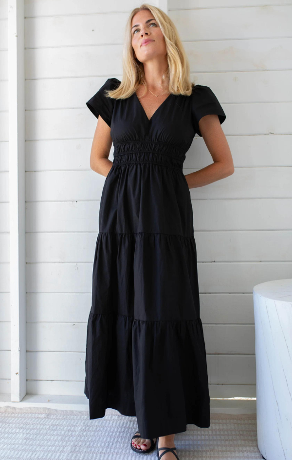 short sleeve black midii dress