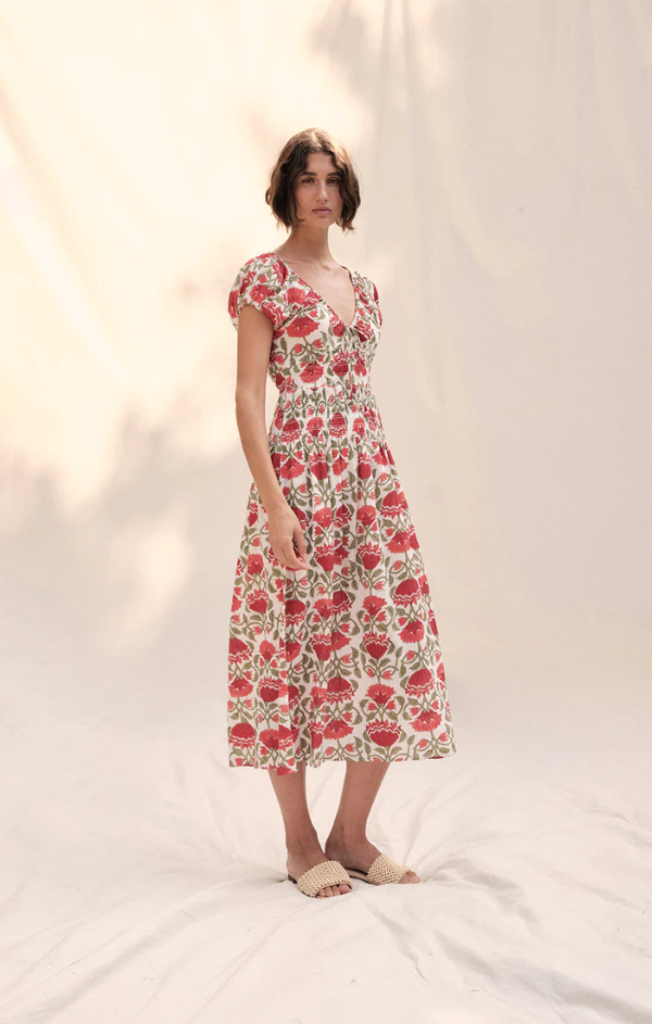 York Poppy Block Print Midi Dress