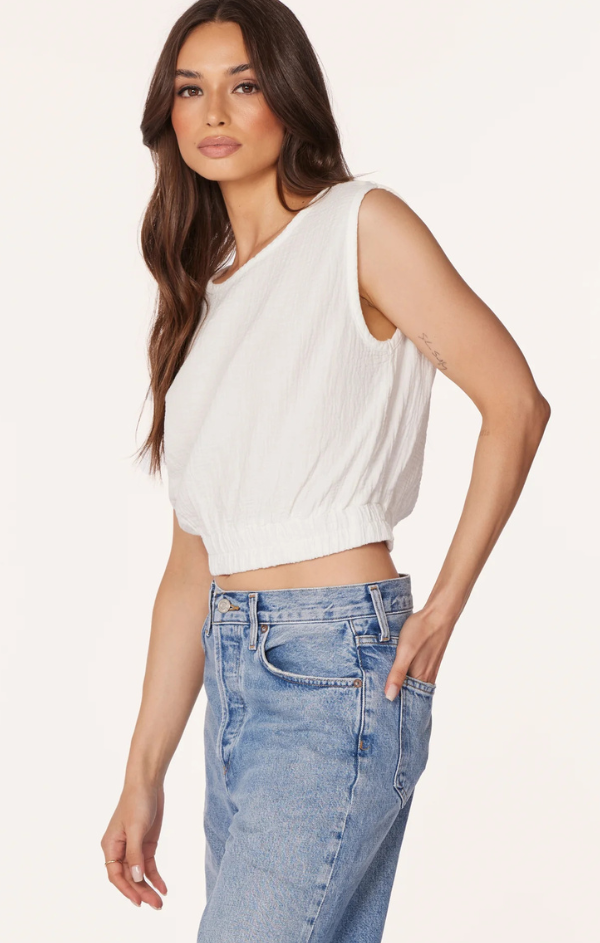 Crewneck Tank with Elastic Hem in White