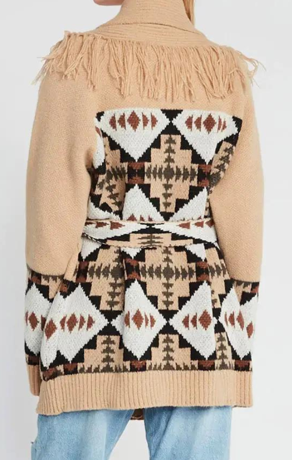 Fringed Aztec Chunky Knit Cardigan