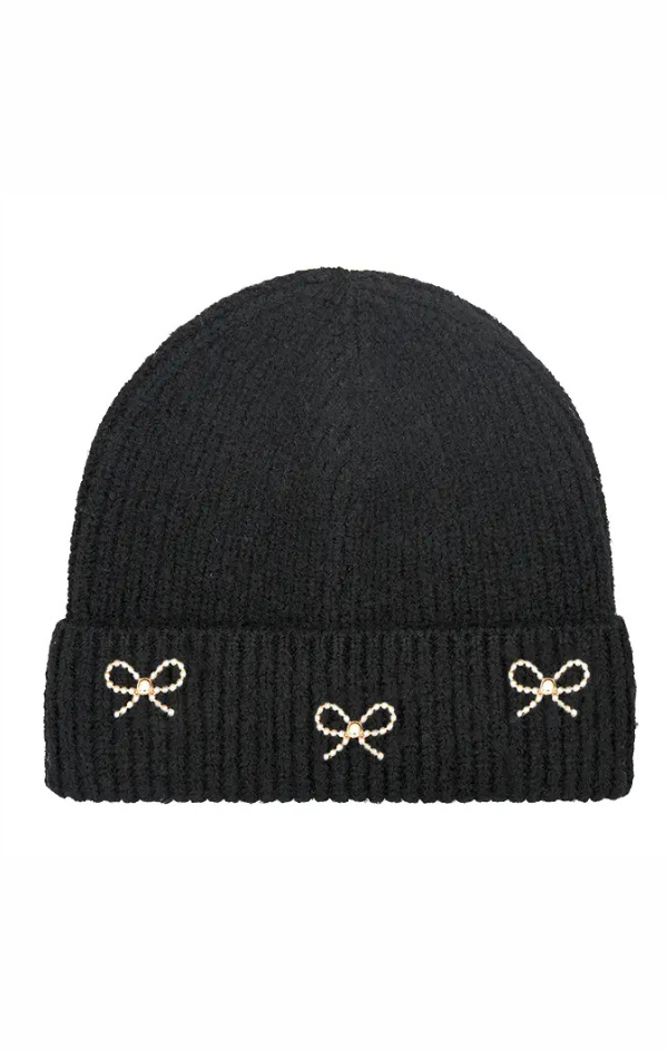 Pearl Bow Charm Cuffed Beanie