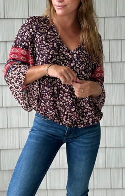 Bell Sleeve Blouse in Red Border