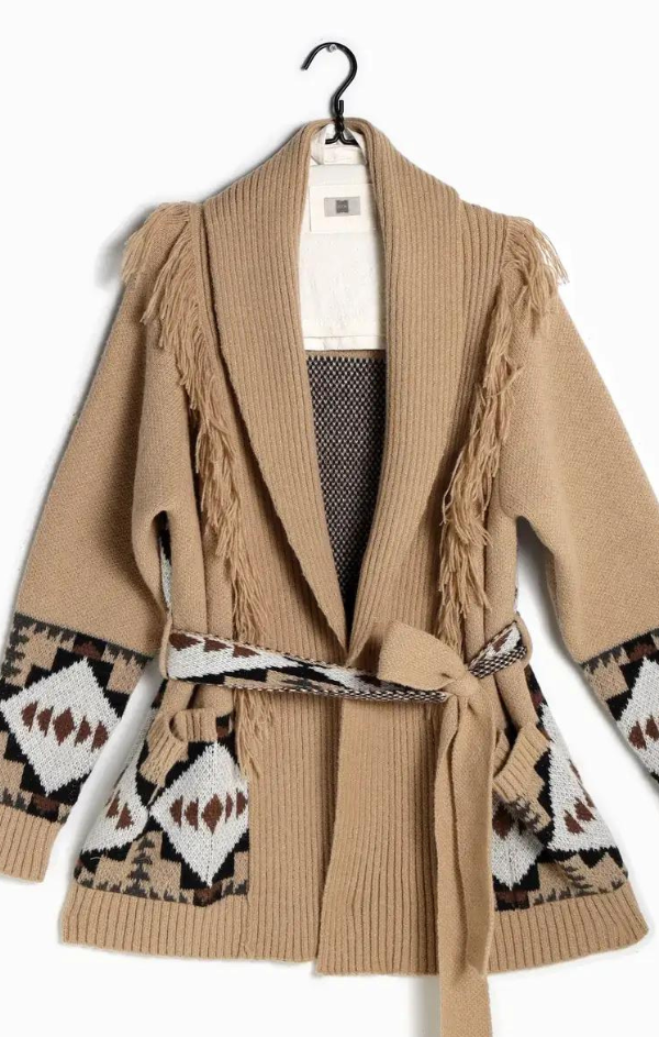 Fringed Aztec Chunky Knit Cardigan