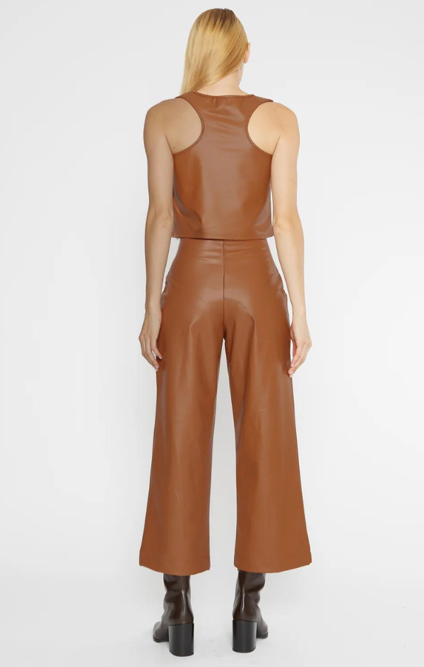 Vegan Leather Straight Leg Cropped Pant in Camel