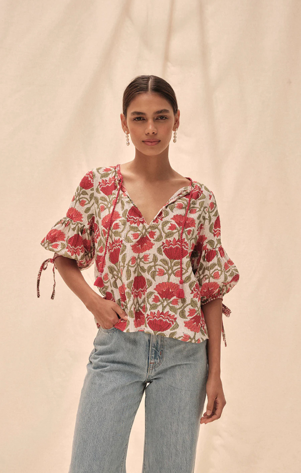 Yolie Poppy Block Print Top
