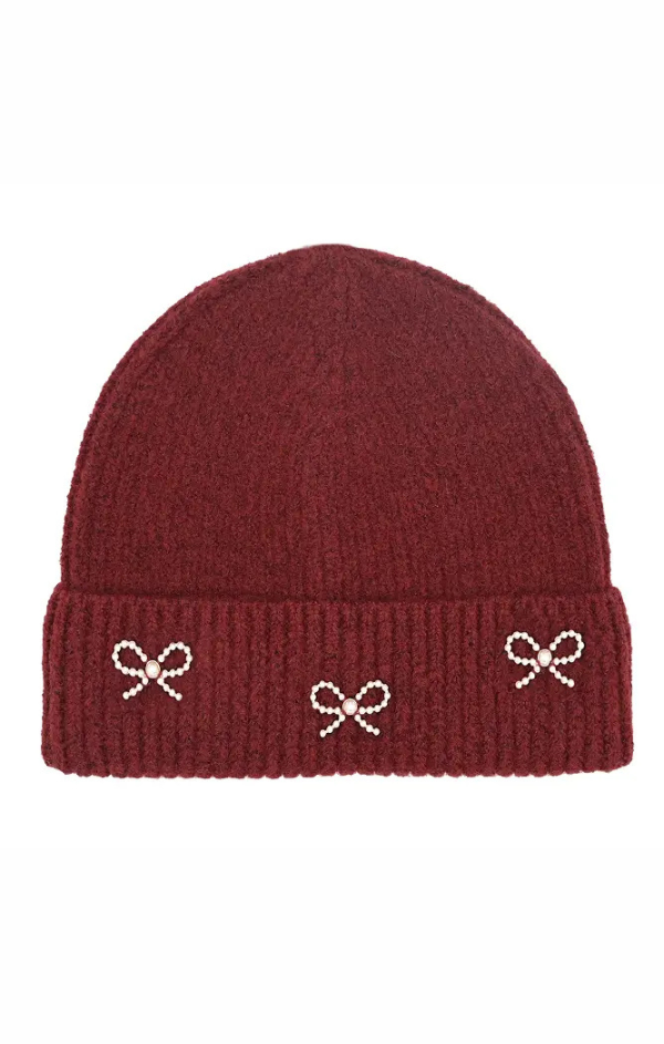 Pearl Bow Charm Cuffed Beanie