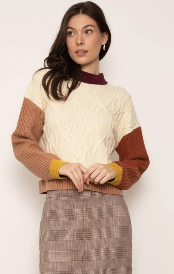 mock neck cable knit pullover
