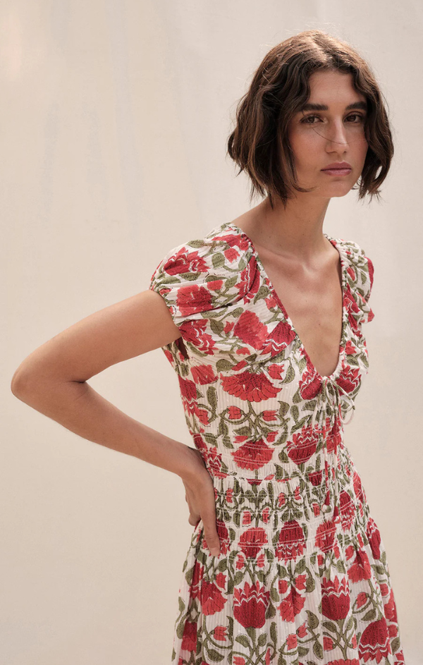York Poppy Block Print Midi Dress