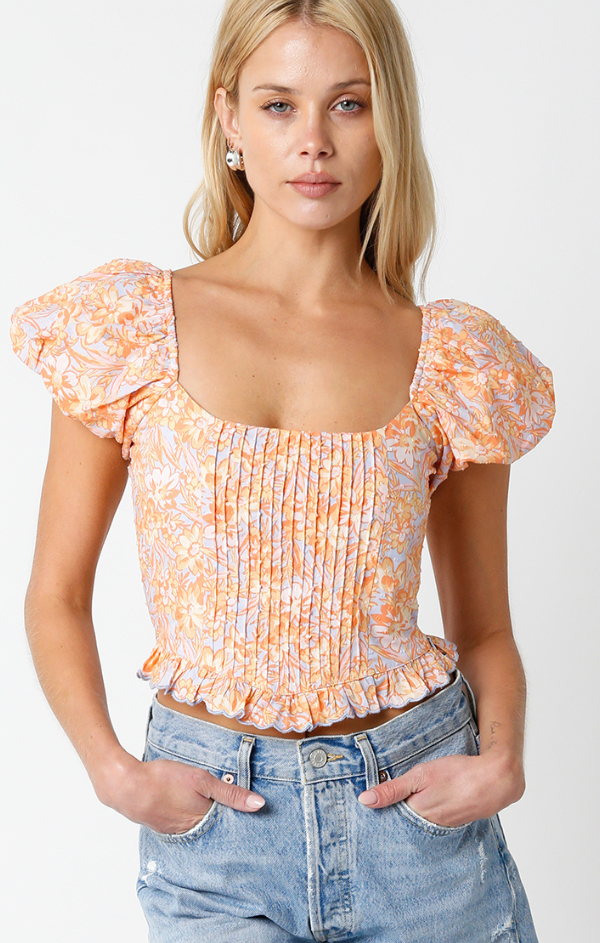 puff sleeve printed crop blouse