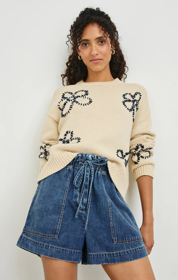 Zoey Sweater in Ivory Navy Stitched Daisies