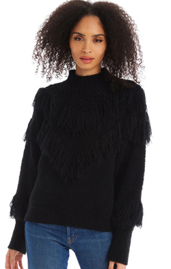 fringe mock neck black sweater