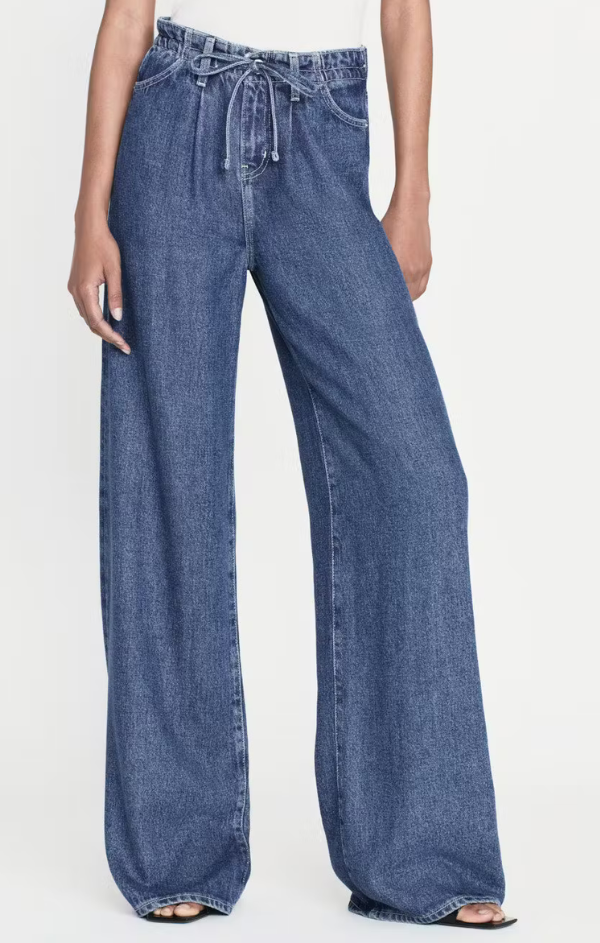 drawstring waist wide leg denim jeans