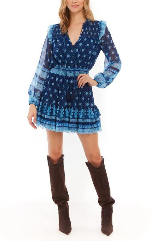 blue printed mini dress for fall