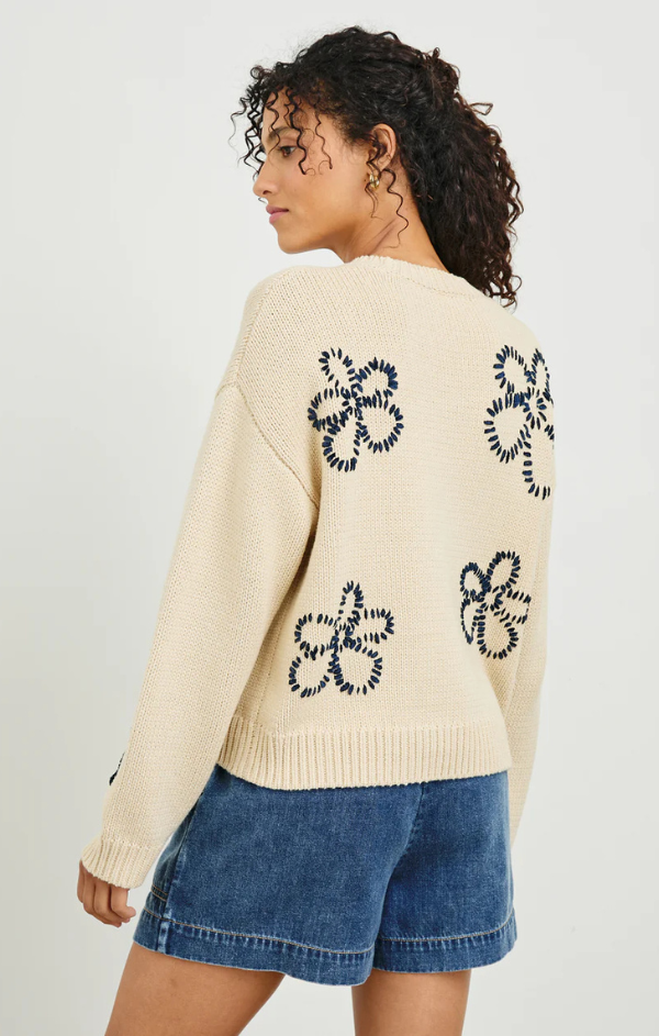 Zoey Sweater in Ivory Navy Stitched Daisies