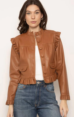 vegan leather ruffle trim jacket