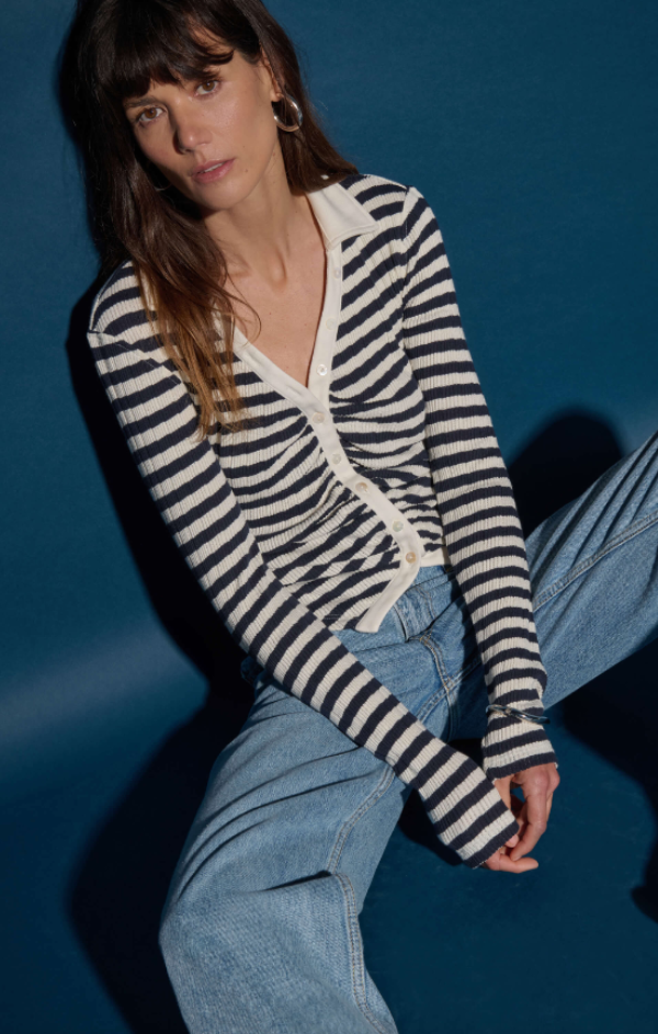 Ami Henley Pointelle Stripe Top