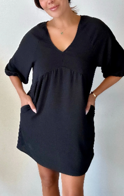 Empire Puff Sleeve Dress in Black Airflow