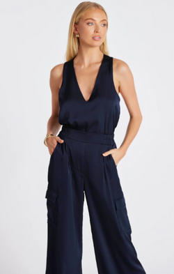 Pull On Satin Cargo Pant in Navy