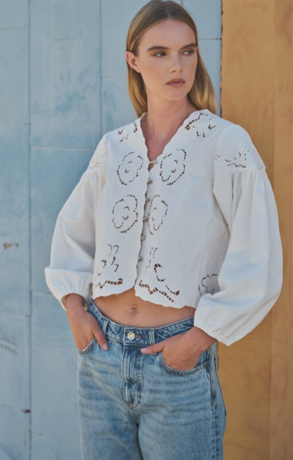 Denim Volume Sleeve Embroidered Blouse