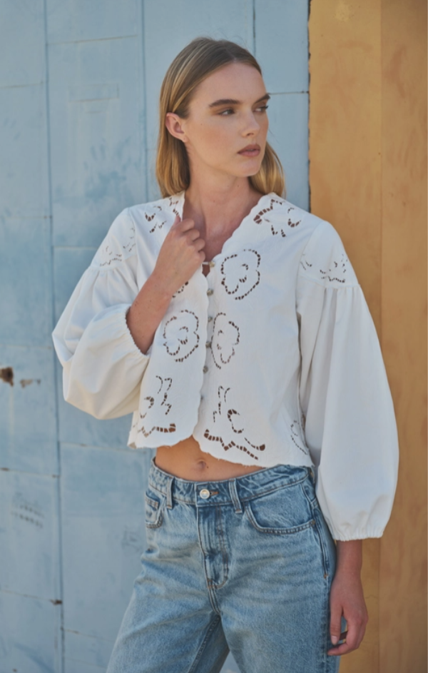 Denim Volume Sleeve Embroidered Blouse