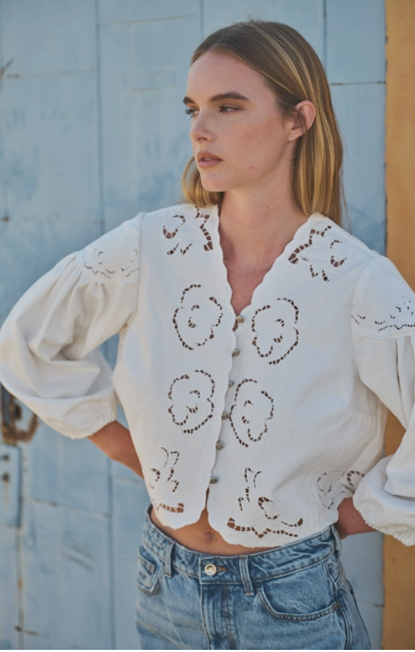 Denim Volume Sleeve Embroidered Blouse