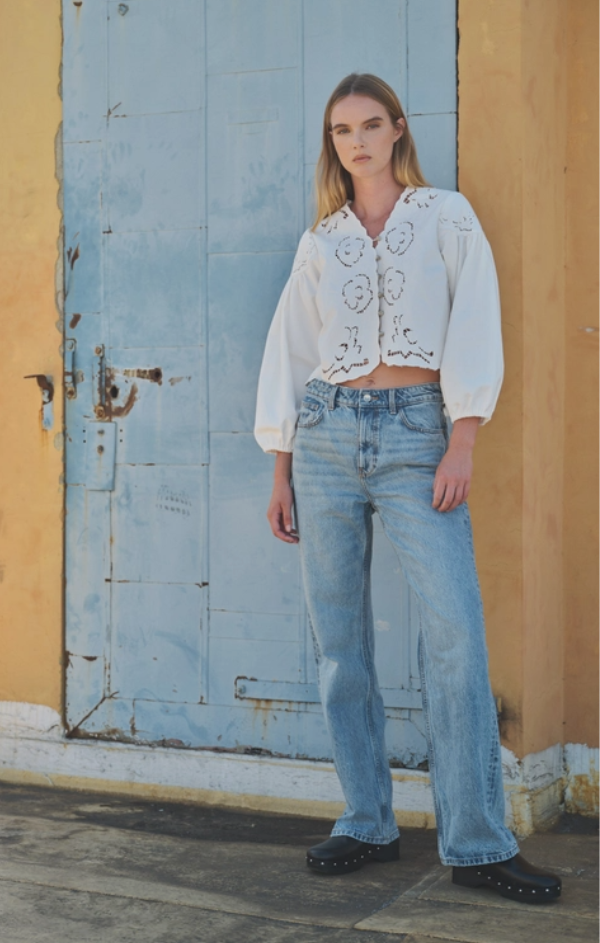 Denim Volume Sleeve Embroidered Blouse